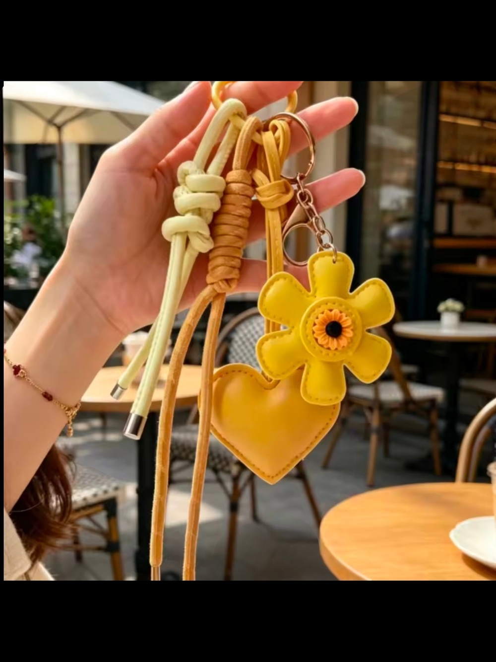 Yellow Flower & Heart Leather Keychain Charm